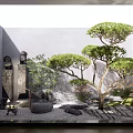 Zen Courtyard Garden Design With Stone Statues Pine Trees Stones And Sand