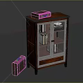 Wooden Bookcase with Glass Doors Old Suitcase on Top and Small Suitcase Beside