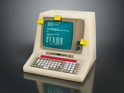 Vintage Computer With White Body Teal Screen Red White Keys And Yellow Sticky Notes 3d model
