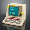Vintage Computer With White Body Teal Screen Red White Keys And Yellow Sticky Notes
