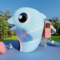 Colorful Whale Shaped Playground Equipment With Pink Slide Green Lawn And Palm Trees