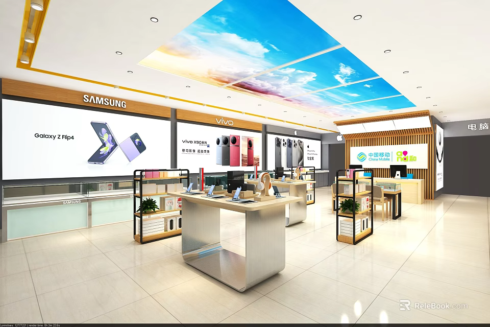 Samsung Electronics Retail Store With Galaxy Z Flip Smartphones Bright Display Counters And Sky Ceiling 3d model 