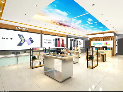Samsung Electronics Retail Store With Galaxy Z Flip Smartphones Bright Display Counters And Sky Ceiling 3d model