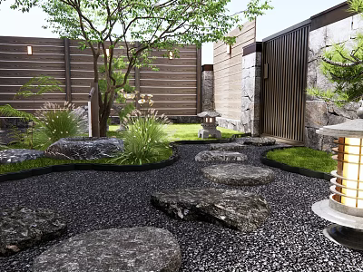 Japanese Courtyard Garden With Stone Path Black Gravel Wooden Fence Stone Lantern And Green Plants 3d model