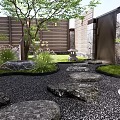 Japanese Courtyard Garden With Stone Path Black Gravel Wooden Fence Stone Lantern And Green Plants