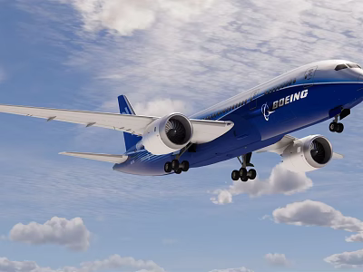 Boeing Passenger Airplane Flying With Blue Body Landing Gear Down In Blue Sky And Clouds 3d model