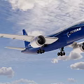 Boeing Passenger Airplane Flying With Blue Body Landing Gear Down In Blue Sky And Clouds