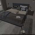 Modern Double Bed with Gray Headboard Pillows Blanket Nightstand Lamp Green Plant Near Window Curtains