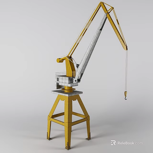 Yellow Industrial Crane With Metal Tower Base Structure And Extended Arm Hanging Hook 3d model 