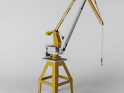 Yellow Industrial Crane With Metal Tower Base Structure And Extended Arm Hanging Hook 3d model