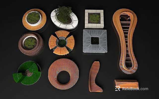 Diverse Geometric Garden Landscape Designs With Wooden Stone Structures And Green Plants 3d model 