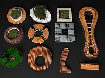 Diverse Geometric Garden Landscape Designs With Wooden Stone Structures And Green Plants 3d model