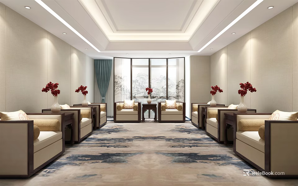 Elegant Hotel Public Lounge Area With Comfortable Sofas Tables Red Flowers And Large Windows 3d model