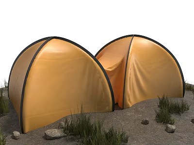 Two Orange Camping Tents Pitched With Grass And Stones In Outdoor Setting 3d model