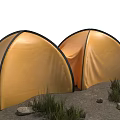 Two Orange Camping Tents Pitched With Grass And Stones In Outdoor Setting