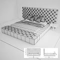 Luxurious Double Bed with Upholstered Headboard Dark Pillows Striped Blanket Nightstands and Geometric Rug