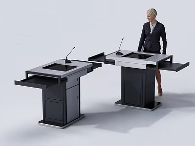 Modern Podium Setup Featuring Two Podiums Female Presenter Microphone And Extendable Panels 3d model