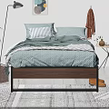 Double Bed with Metal Frame Light Green Geometric Bedspread Striped Pillows Brown Boots and Green Plant in Bedroom Interior