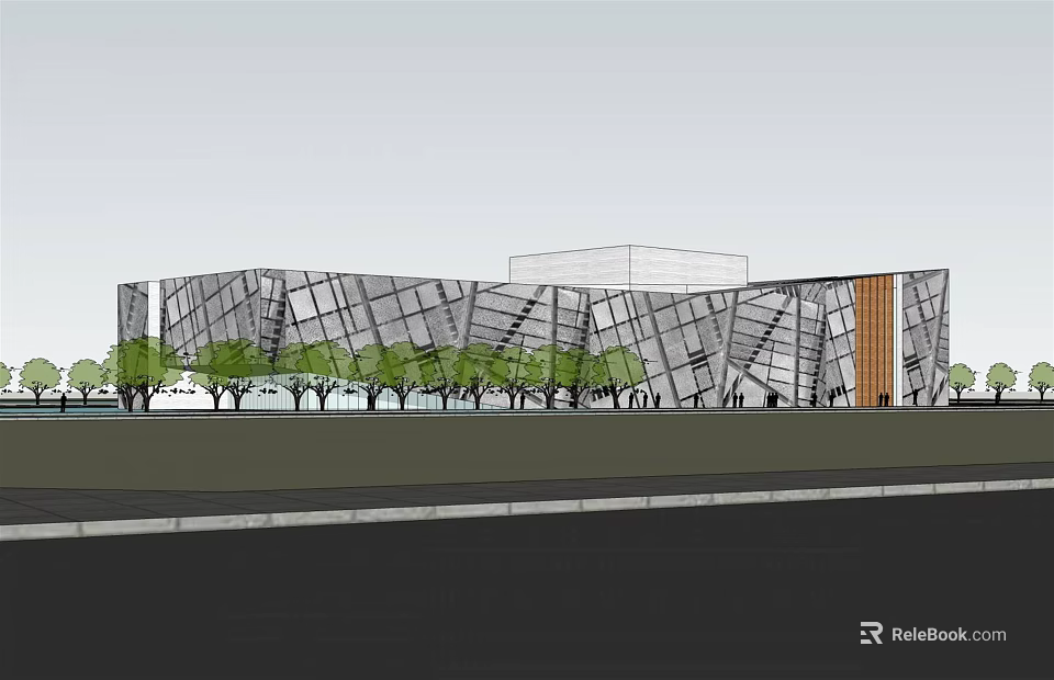 Modern Geometric Building With Glass Curtain Wall And Trees Along Roadside 3d model 