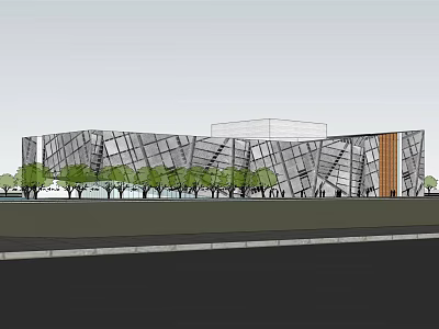 Modern Geometric Building With Glass Curtain Wall And Trees Along Roadside 3d model
