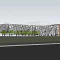 Modern Geometric Building With Glass Curtain Wall And Trees Along Roadside
