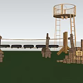 Natural Outdoor Kids Play Area With Wooden Tower Slide Lake And Mountain View