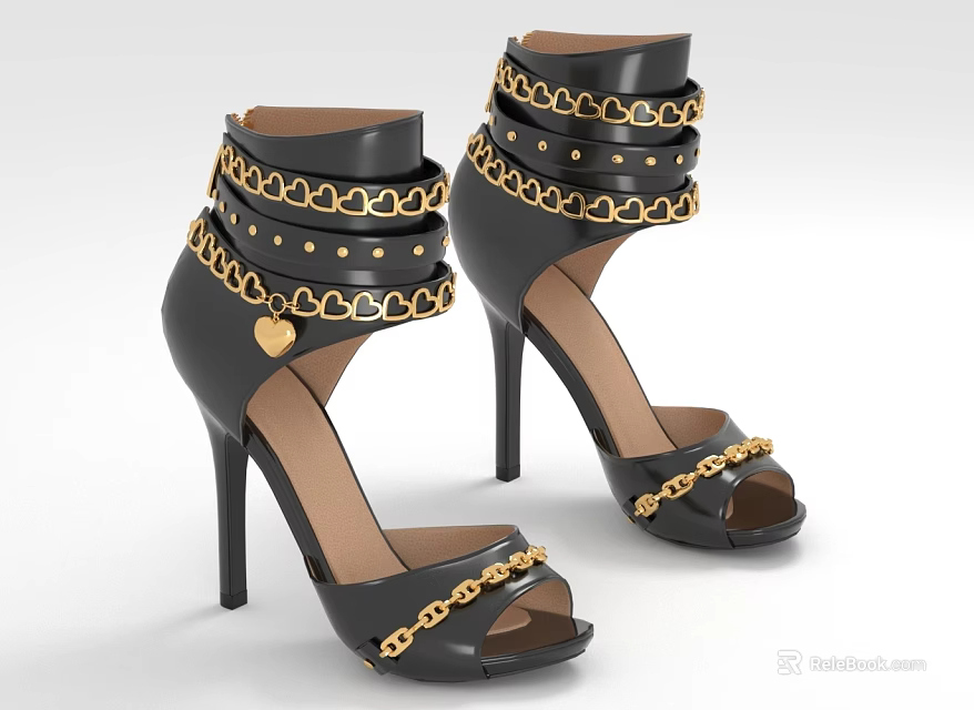 Stylish Black High Heel Shoes With Gold Chains Studs Open Toe And Heart Decoration 3d model 