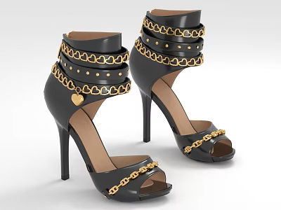 Stylish Black High Heel Shoes With Gold Chains Studs Open Toe And Heart Decoration 3d model