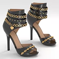 Stylish Black High Heel Shoes With Gold Chains Studs Open Toe And Heart Decoration