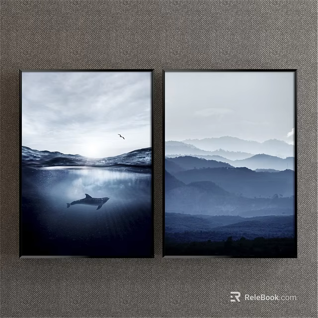 Stunning Landscape Paintings with Ocean Waves Underwater Dolphin Bird Flying Over Sunlit Surface Layered Mountains 3d model 