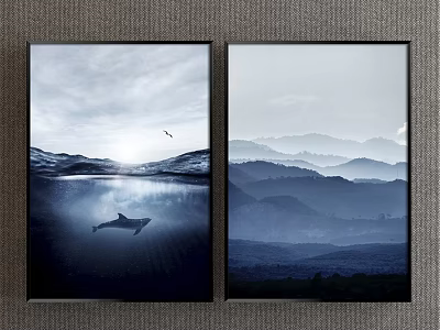 Stunning Landscape Paintings with Ocean Waves Underwater Dolphin Bird Flying Over Sunlit Surface Layered Mountains 3d model