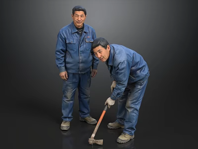 Two Men In Blue Work Uniforms Standing And Bending To Use Tool On Floor 3d model