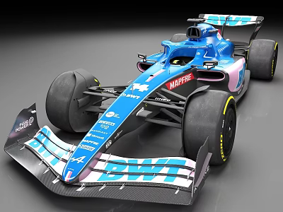 Blue Formula 1 Racing Car With BWT Logo Front Wing And Large Tires 3d model