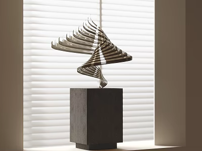 Modern Spiral Metal Blade Sculpture On Gray Cube Base By Bright Window Blinds 3d model