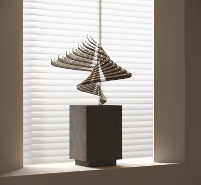 Modern Spiral Metal Blade Sculpture On Gray Cube Base By Bright Window Blinds 3d model