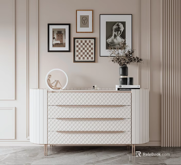 Elegant White Entryway Side Cabinet With Drawers Decorative Vase Books And Wall Paintings 3d model 