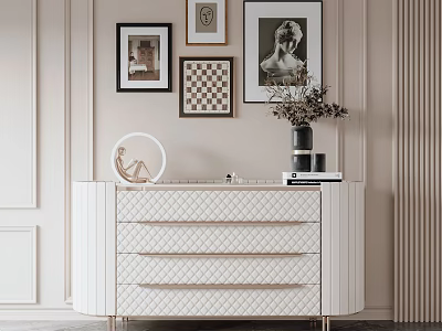 Elegant White Entryway Side Cabinet With Drawers Decorative Vase Books And Wall Paintings 3d model