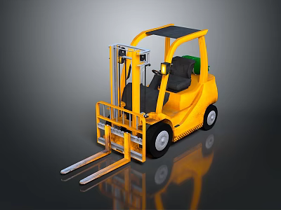 Yellow Industrial Forklift With Front Forks And Operator Cab And Solid Rubber Wheels 3d model