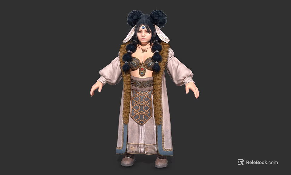 Traditional Character Costume With Double Bun Hairstyle And Decorative Robe Fur Collar 3d model 