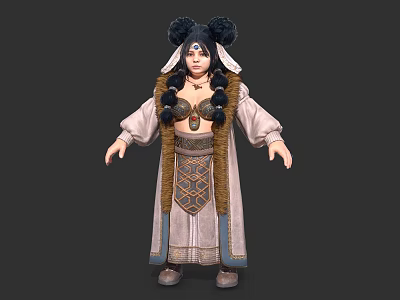 Traditional Character Costume With Double Bun Hairstyle And Decorative Robe Fur Collar 3d model