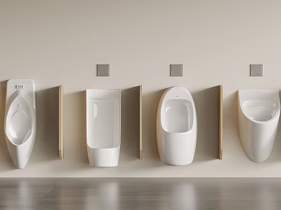 White Wall Mounted Urinals In Modern Public Restroom With Wooden Partitions 3d model