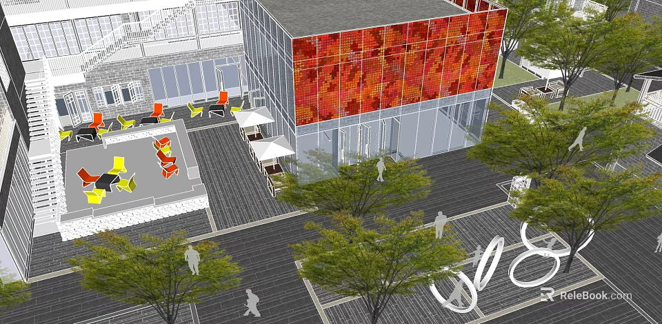 Modern Commercial Landscape With Colorful Glass Facade Outdoor Seating Orange Chairs Trees And Pedestrians 3d model 