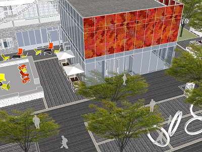 Modern Commercial Landscape With Colorful Glass Facade Outdoor Seating Orange Chairs Trees And Pedestrians 3d model