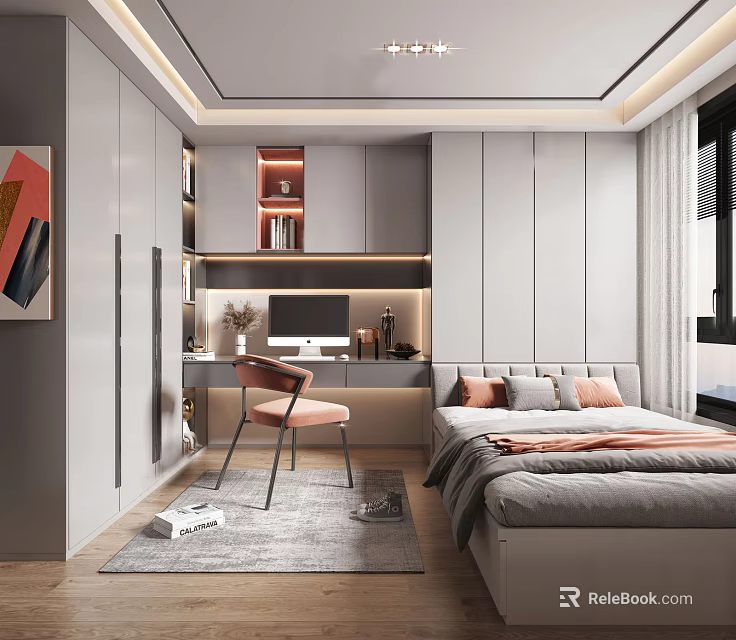 Modern Tatami Bedroom Interior Design With Desk Chair Bed And Cabinets 3d model 