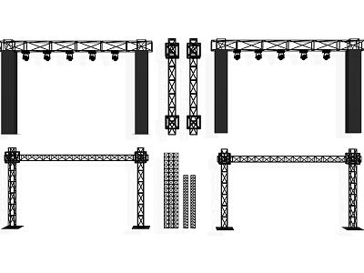 Various Construction Equipment Including Cranes Truss Structures And Tower Components 3d model