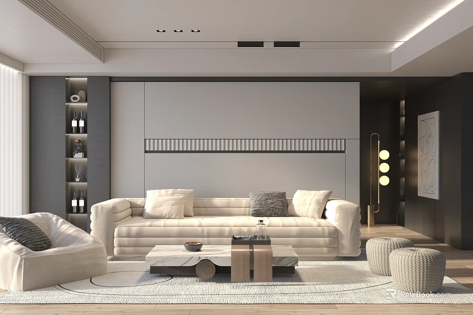 Modern Living Room Interior Design With White Sofa Gray Pillows Coffee Table And Area Rug 3d model 