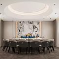 Elegant Private Dining Room With Round Table Circular Ceiling Light And Flower Arrangement 3d model