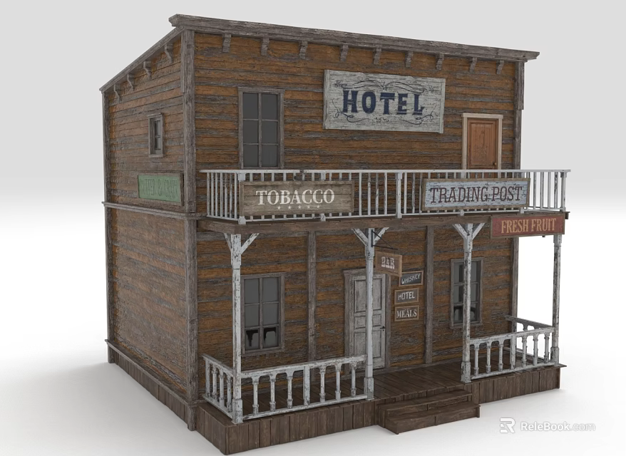 Old Western Two Story Wooden Hotel Building With Balcony Porch And Signs 3d model 