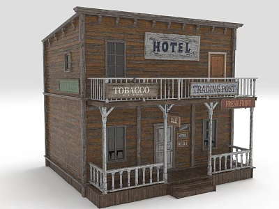 Old Western Two Story Wooden Hotel Building With Balcony Porch And Signs 3d model