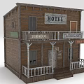 Old Western Two Story Wooden Hotel Building With Balcony Porch And Signs
